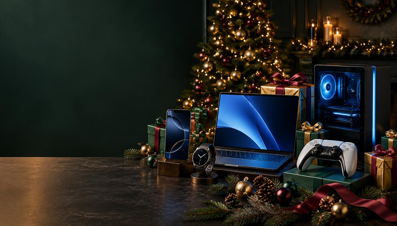 Christmas technology gifts including a phone, laptop, smart watch, games controller and gaming PC